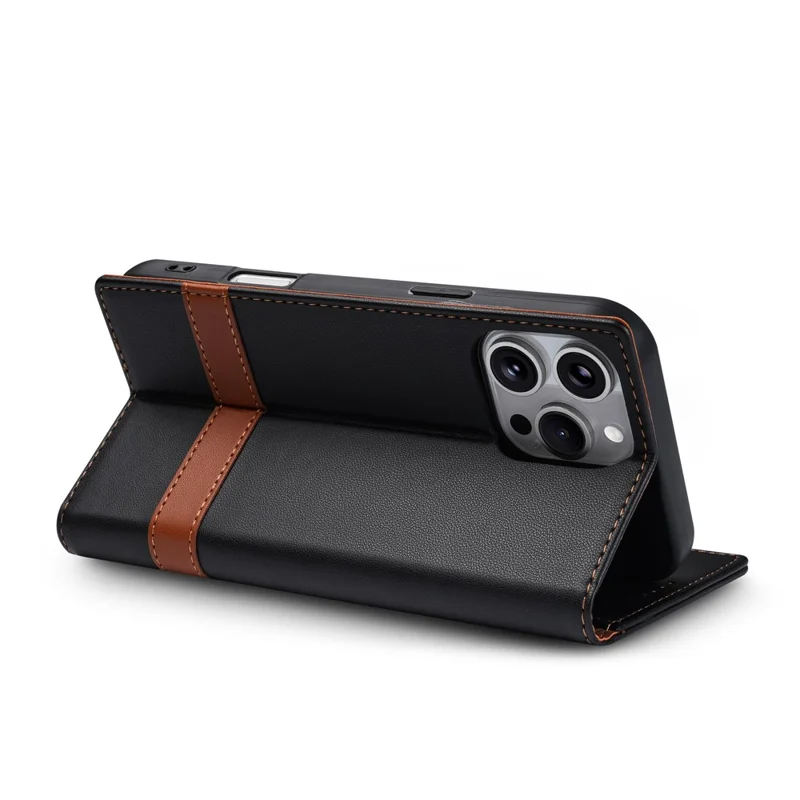 N.BEKUS P5 Series for iPhone 16 Pro Leather Case Dual Color Stitching RFID Blocking Wallet Phone Cover - Black