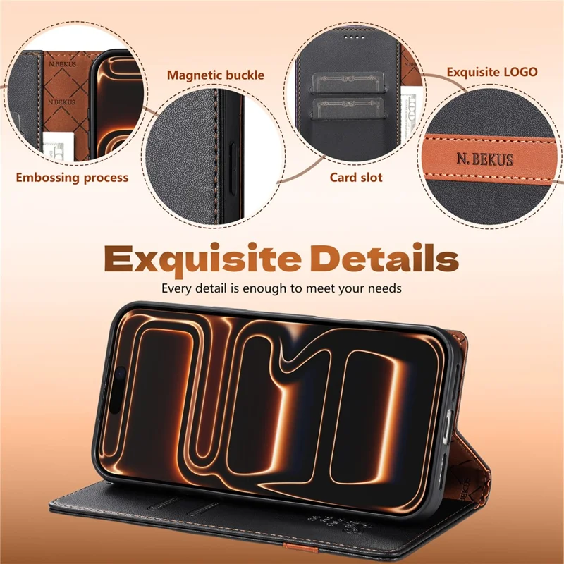 N.BEKUS P5 Series for iPhone 16 Pro Leather Case Dual Color Stitching RFID Blocking Wallet Phone Cover - Black
