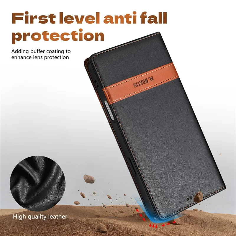 N.BEKUS P5 Series for iPhone 16 Pro Leather Case Dual Color Stitching RFID Blocking Wallet Phone Cover - Black