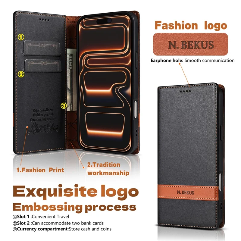 N.BEKUS P5 Series for iPhone 16 Pro Leather Case Dual Color Stitching RFID Blocking Wallet Phone Cover - Black