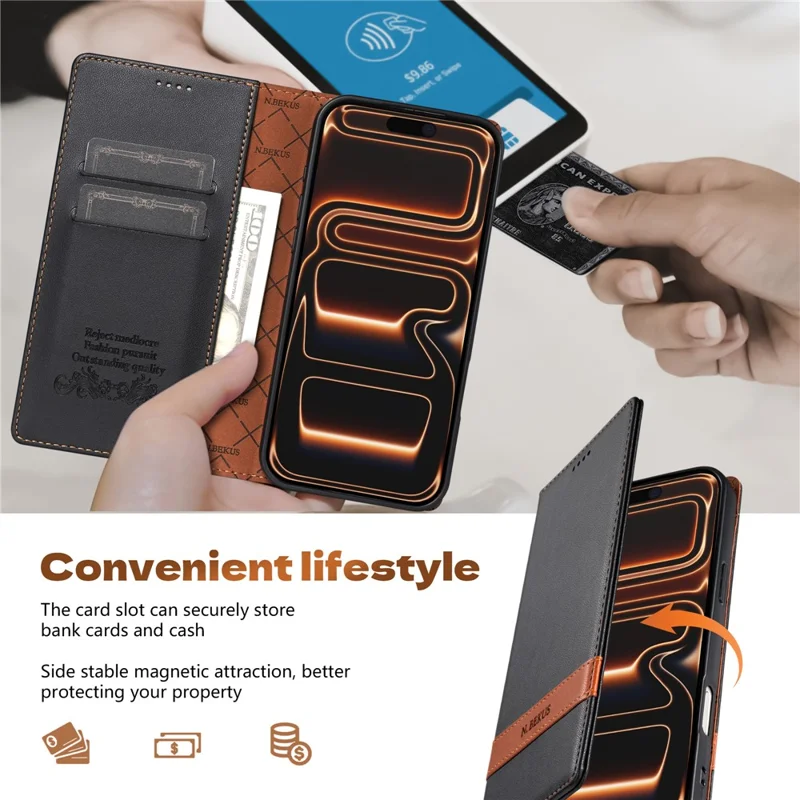 N.BEKUS P5 Series for iPhone 16 Pro Leather Case Dual Color Stitching RFID Blocking Wallet Phone Cover - Black