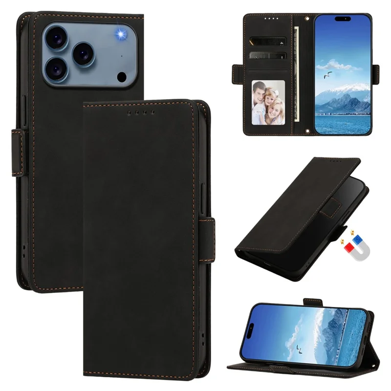 For iPhone 18 Pro Max / 17 Pro Max Case Skin-touch PU Leather Flip Wallet Phone Cover with Wrist Strap - Black