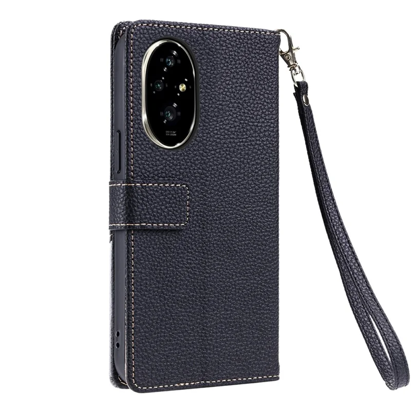 For Honor 200 Pro 5G Leather Case with Wrist Strap and Shoulder Strap Dual Color Multi Card Slots Phone Cover - Black
