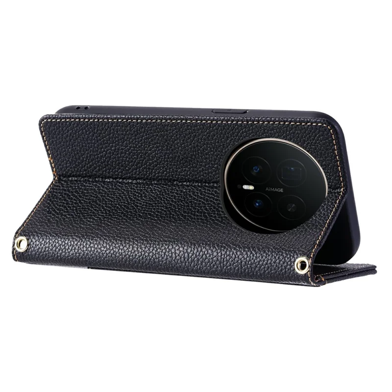 For Honor Magic8 5G Leather Case with Wrist Strap and Shoulder Strap Dual Color Multi Card Slots Phone Cover - Black