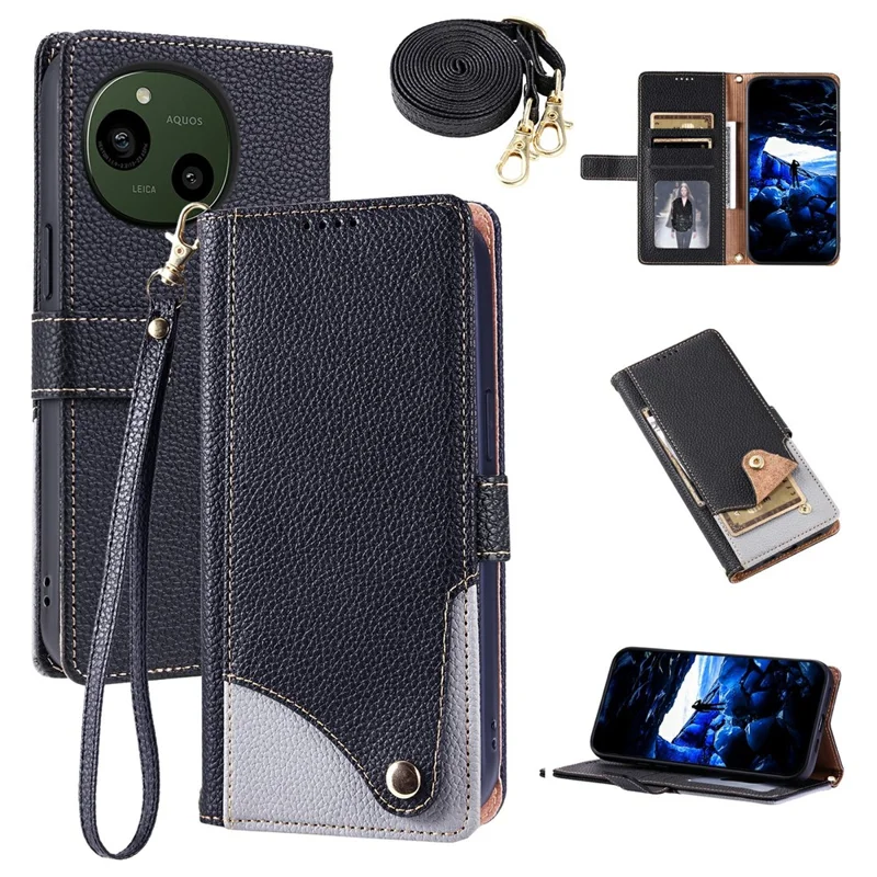 For Sharp Aquos R9 Leather Case with Wrist Strap and Shoulder Strap Dual Color Multi Card Slots Phone Cover - Black