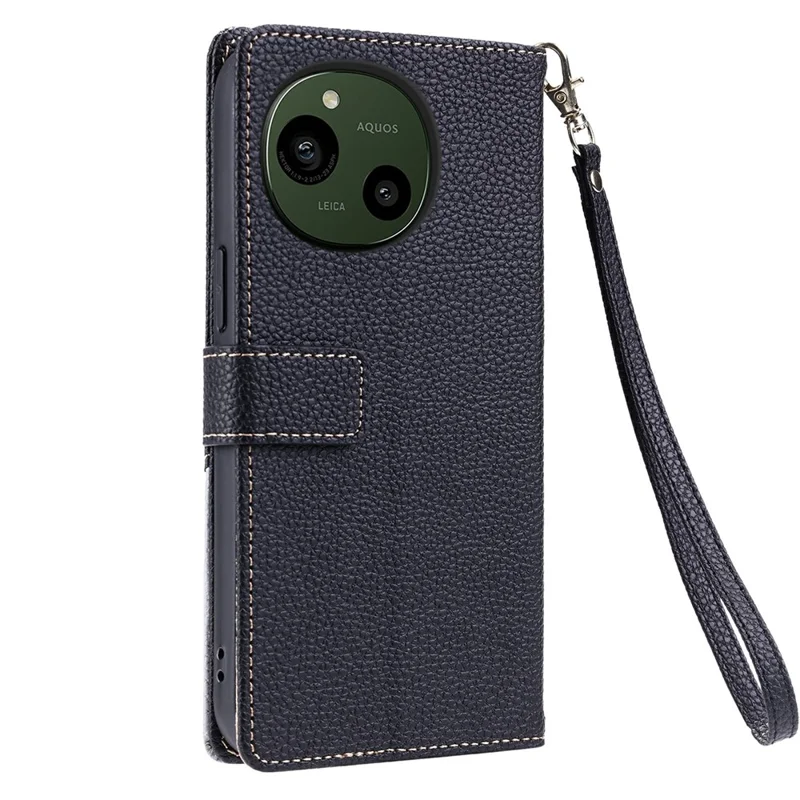For Sharp Aquos R9 Leather Case with Wrist Strap and Shoulder Strap Dual Color Multi Card Slots Phone Cover - Black