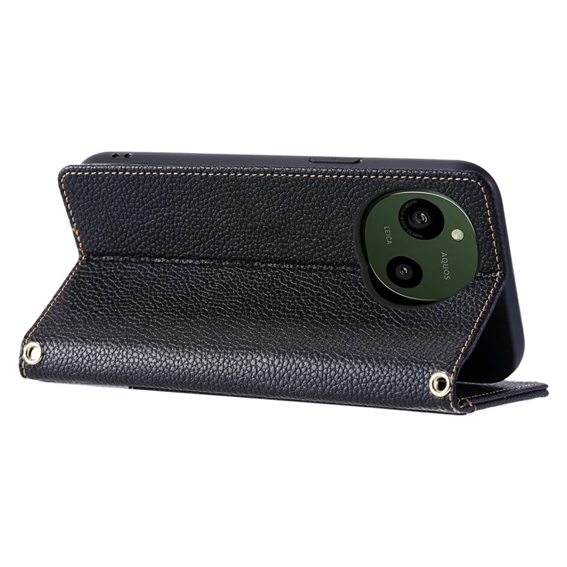 For Sharp Aquos R9 Leather Case with Wrist Strap and Shoulder Strap Dual Color Multi Card Slots Phone Cover - Black