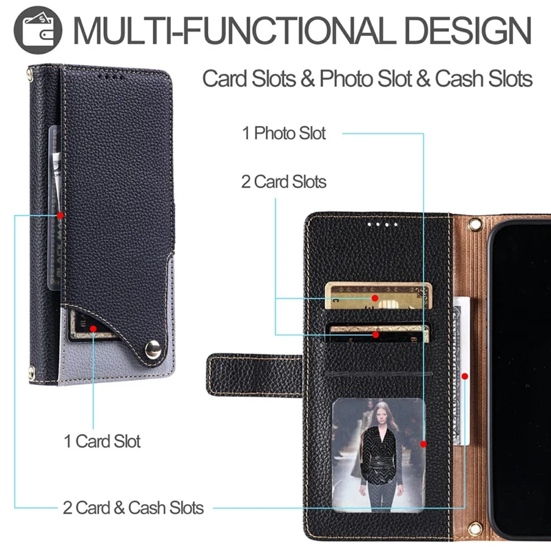 For Sharp Aquos R9 Leather Case with Wrist Strap and Shoulder Strap Dual Color Multi Card Slots Phone Cover - Black