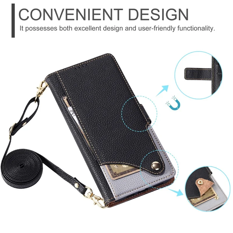 For Sharp Aquos R9 Leather Case with Wrist Strap and Shoulder Strap Dual Color Multi Card Slots Phone Cover - Black