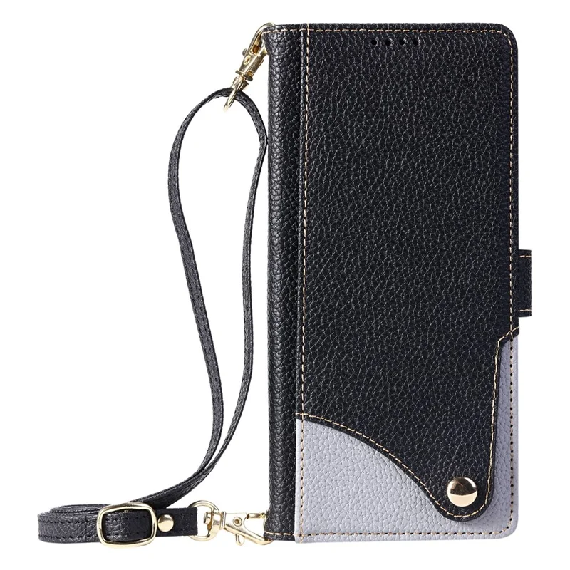 For Sharp Aquos R9 Leather Case with Wrist Strap and Shoulder Strap Dual Color Multi Card Slots Phone Cover - Black