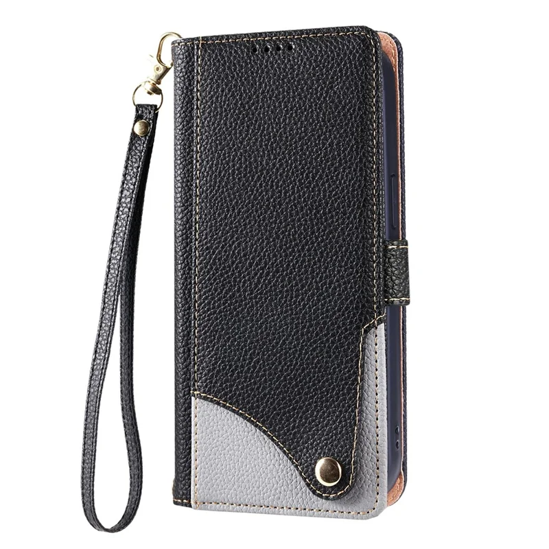 For Sharp Aquos R9 Leather Case with Wrist Strap and Shoulder Strap Dual Color Multi Card Slots Phone Cover - Black