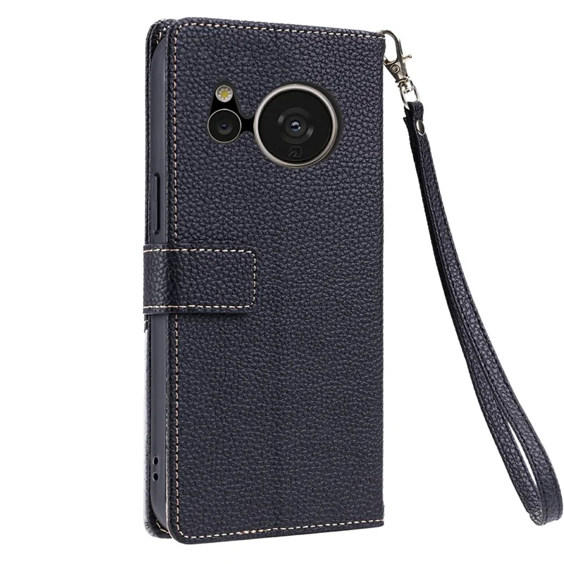 For Sharp Aquos Sense 8 Leather Case with Wrist Strap and Shoulder Strap Dual Color Multi Card Slots Phone Cover - Black
