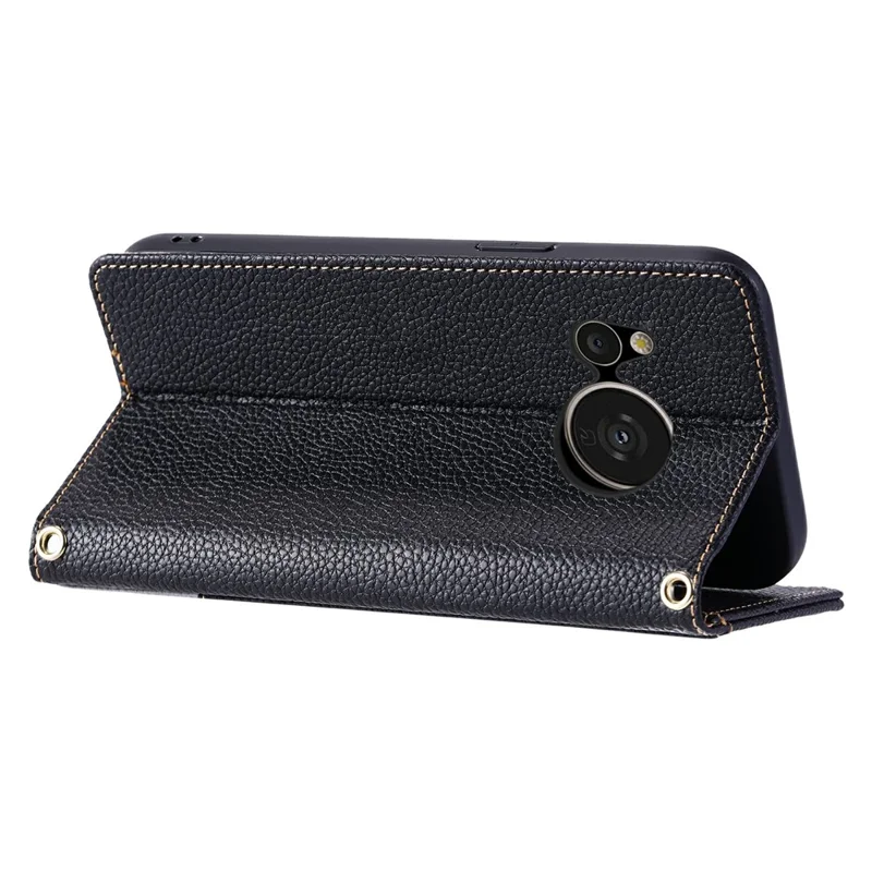 For Sharp Aquos Sense 8 Leather Case with Wrist Strap and Shoulder Strap Dual Color Multi Card Slots Phone Cover - Black
