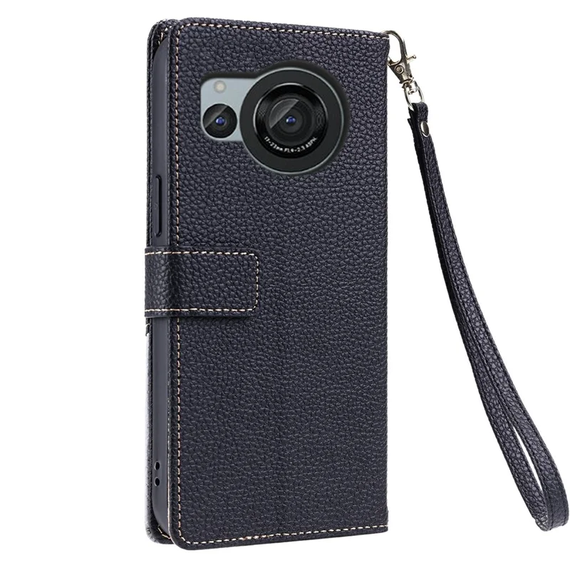 For Sharp Aquos R8 Leather Case with Wrist Strap and Shoulder Strap Dual Color Multi Card Slots Phone Cover - Black