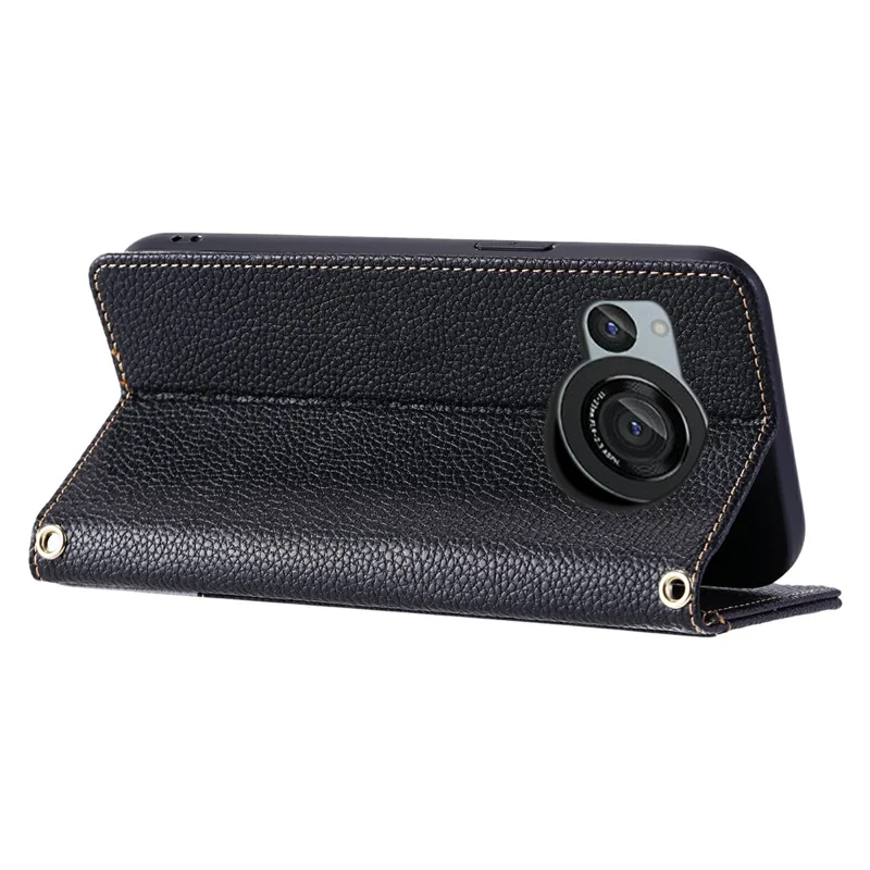 For Sharp Aquos R8 Leather Case with Wrist Strap and Shoulder Strap Dual Color Multi Card Slots Phone Cover - Black