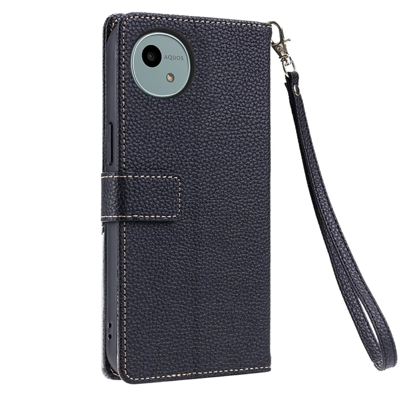 For Sharp Aquos Wish5 Leather Case with Wrist Strap and Shoulder Strap Dual Color Multi Card Slots Phone Cover - Black