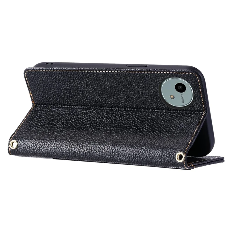 For Sharp Aquos Wish5 Leather Case with Wrist Strap and Shoulder Strap Dual Color Multi Card Slots Phone Cover - Black