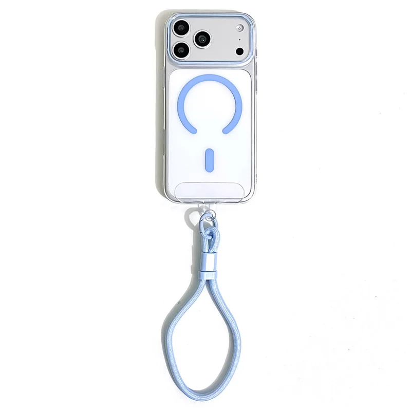 For iPhone 18 Pro / 17 Pro Magnetic Case Ultra Thin Clear PC Phone Back Cover with Wrist Strap - Sky Blue