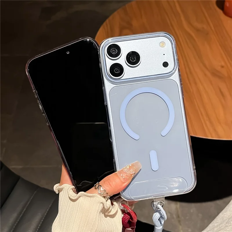 For iPhone 18 Pro / 17 Pro Magnetic Case Ultra Thin Clear PC Phone Back Cover with Wrist Strap - Sky Blue