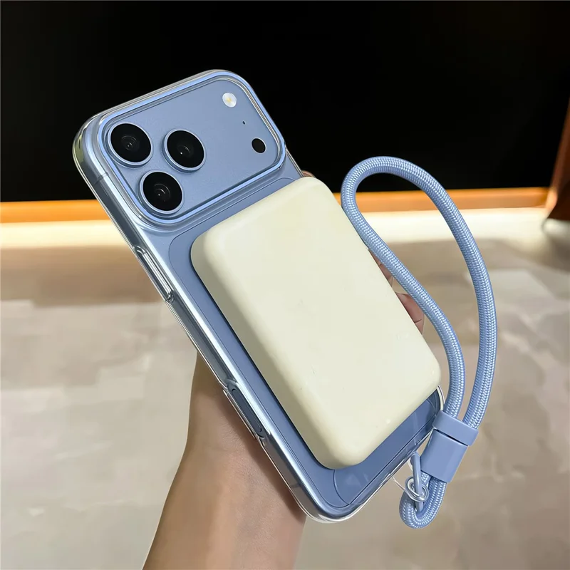 For iPhone 18 Pro / 17 Pro Magnetic Case Ultra Thin Clear PC Phone Back Cover with Wrist Strap - Sky Blue
