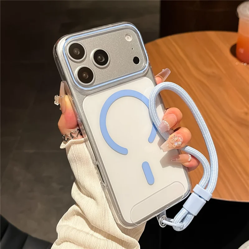 For iPhone 18 Pro Max / 17 Pro Max Magnetic Case Ultra Thin Clear PC Phone Back Cover with Wrist Strap - Sky Blue