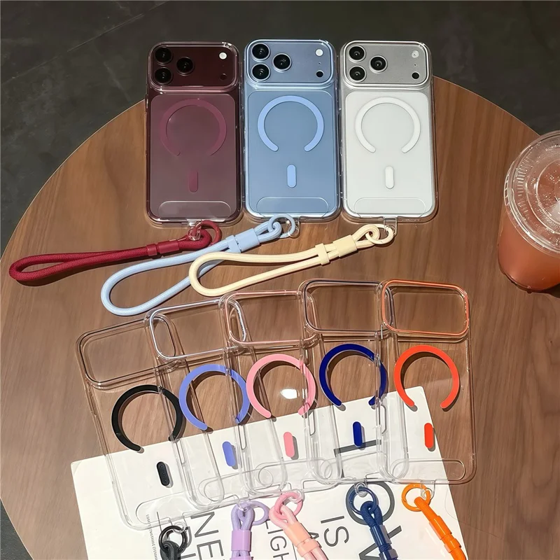 For iPhone 18 Pro Max / 17 Pro Max Magnetic Case Ultra Thin Clear PC Phone Back Cover with Wrist Strap - Sky Blue