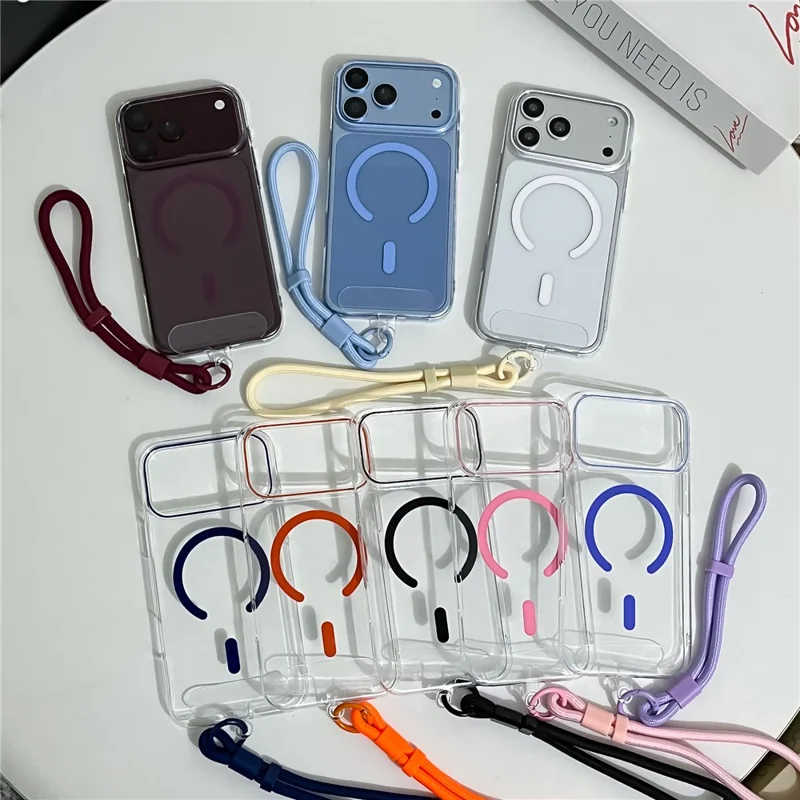 For iPhone 18 Pro Max / 17 Pro Max Magnetic Case Ultra Thin Clear PC Phone Back Cover with Wrist Strap - Sky Blue