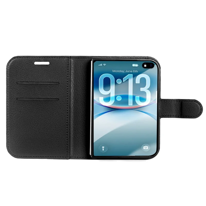 Til iPhone Fold Case Wallet Stå Litchi-struktur Støtdempende Læder Telefonbeskyttelse - Sort