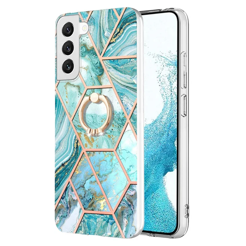 For Samsung Galaxy S23 Back Cover with Ring Kickstand Splicing Marble Pattern TPU Case - Blue