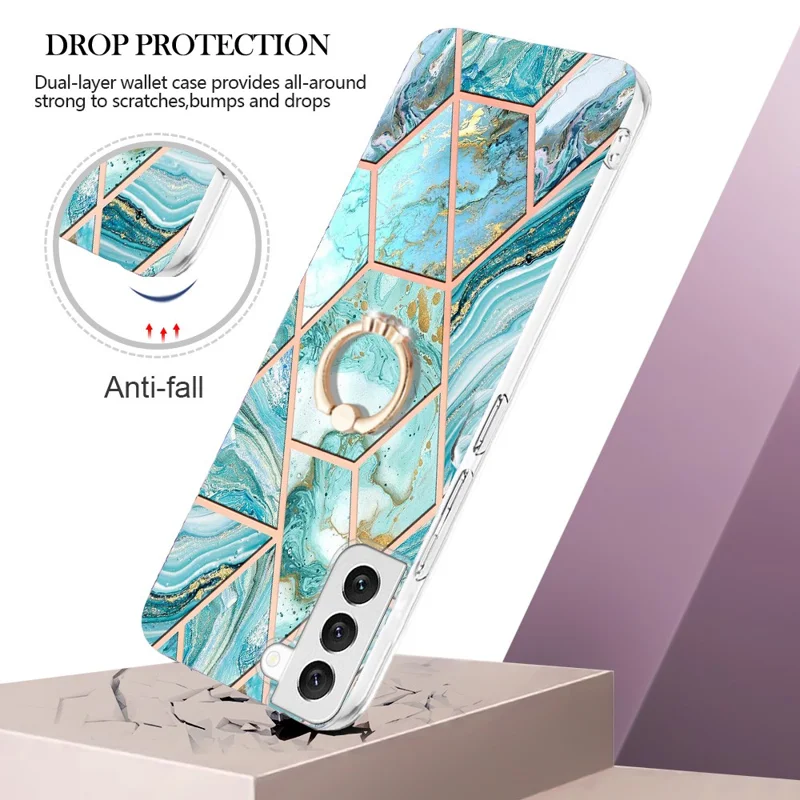For Samsung Galaxy S23 Back Cover with Ring Kickstand Splicing Marble Pattern TPU Case - Blue