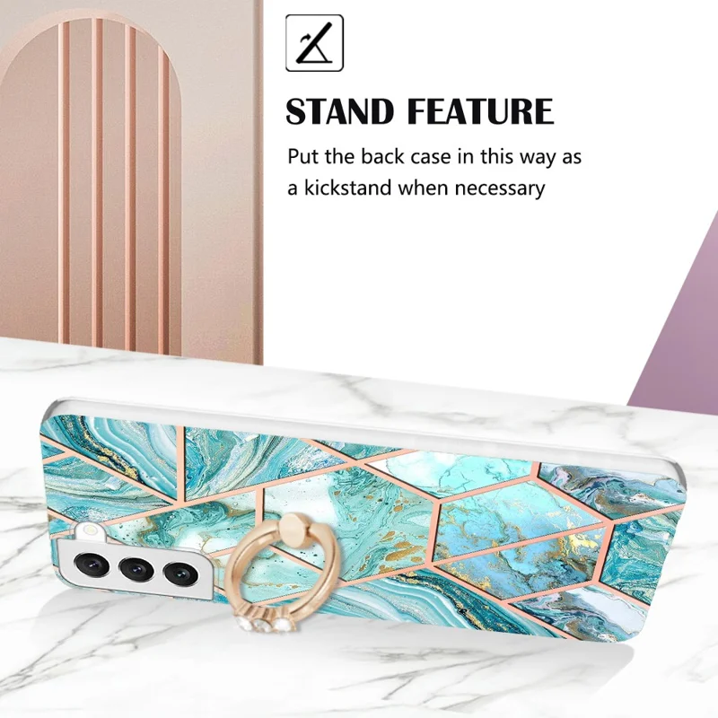 For Samsung Galaxy S23 Back Cover with Ring Kickstand Splicing Marble Pattern TPU Case - Blue