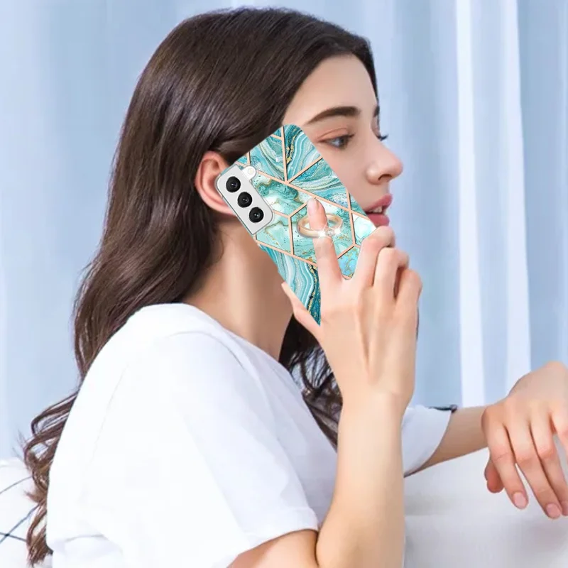 For Samsung Galaxy S23 Back Cover with Ring Kickstand Splicing Marble Pattern TPU Case - Blue