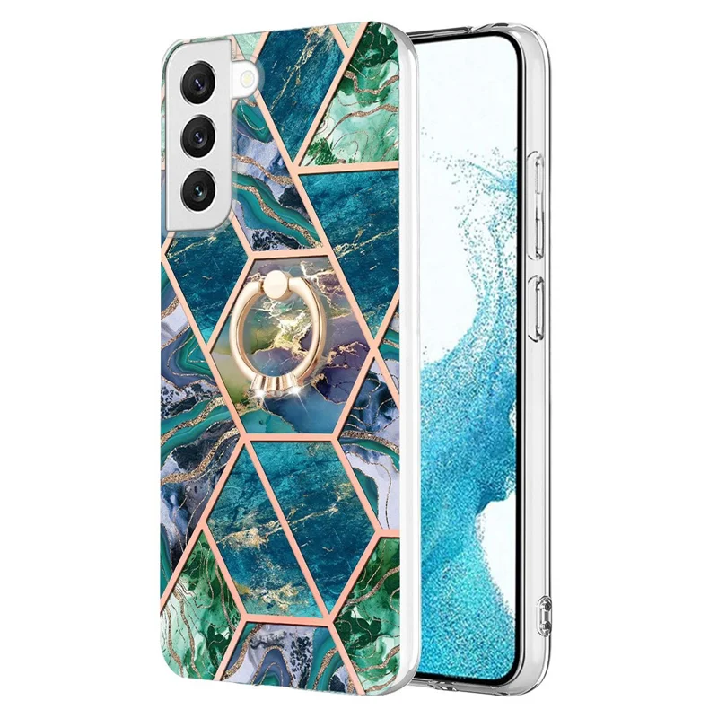 For Samsung Galaxy S23 Back Cover with Ring Kickstand Splicing Marble Pattern TPU Case - Blue / Green
