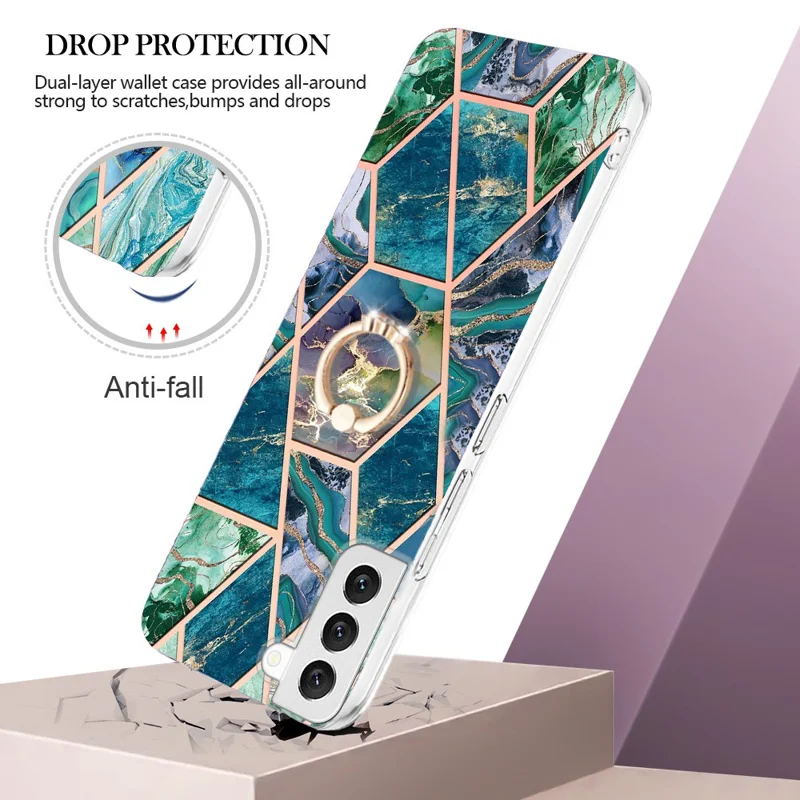 For Samsung Galaxy S23 Back Cover with Ring Kickstand Splicing Marble Pattern TPU Case - Blue / Green