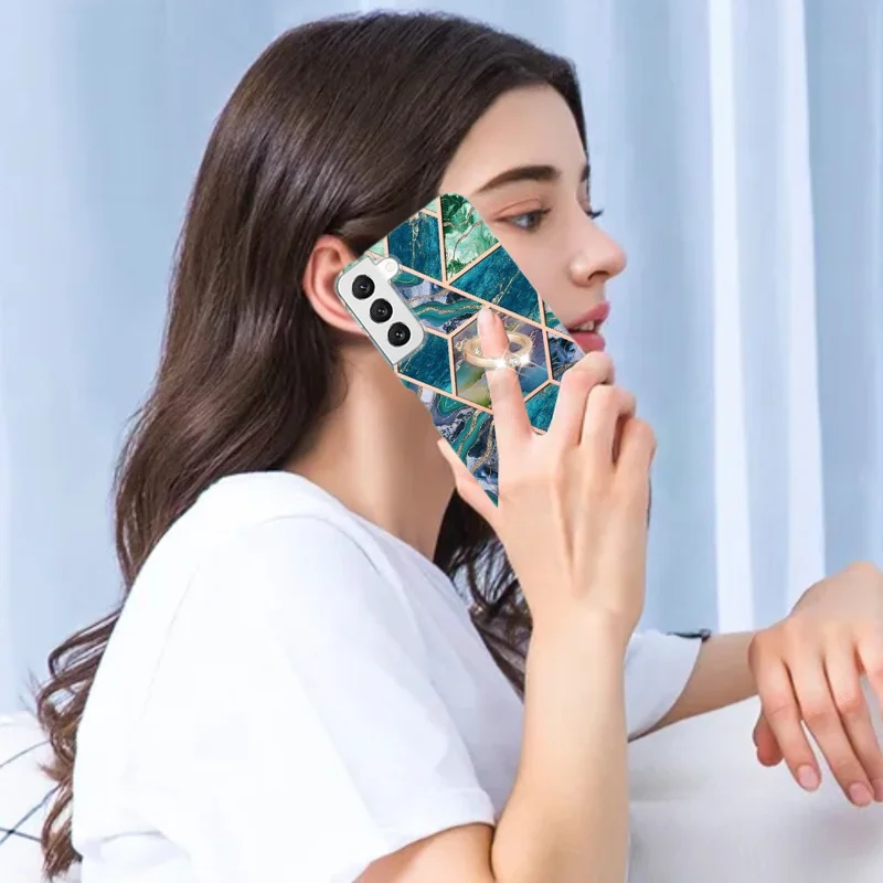 For Samsung Galaxy S23 Back Cover with Ring Kickstand Splicing Marble Pattern TPU Case - Blue / Green