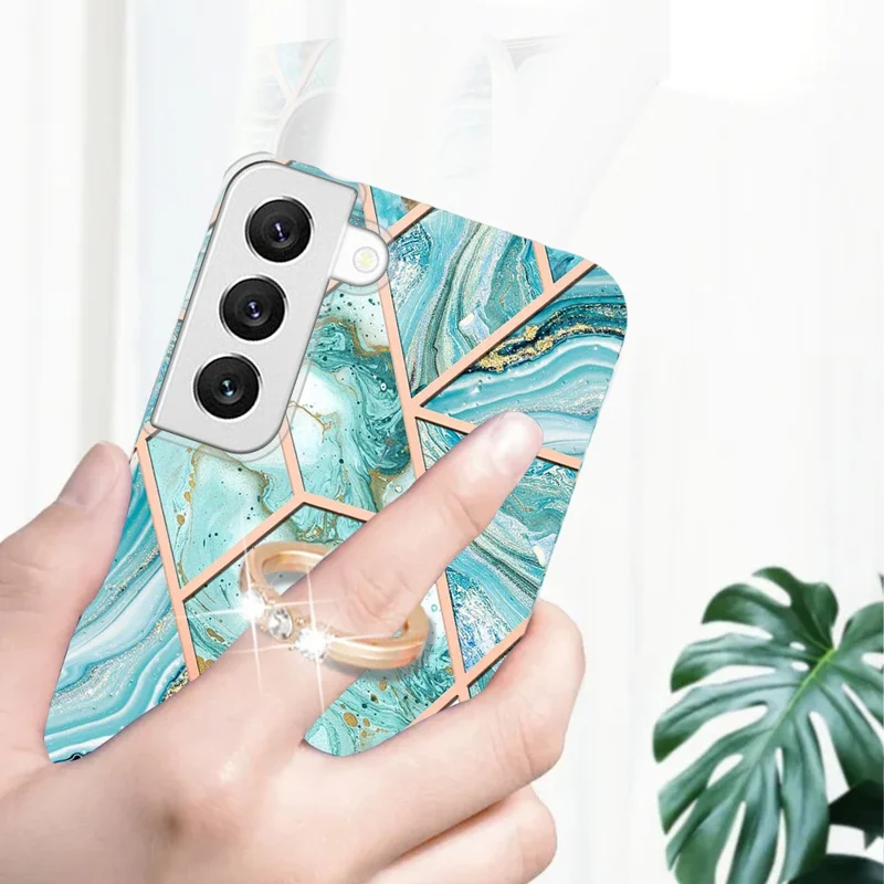 For Samsung Galaxy S23 Back Cover with Ring Kickstand Splicing Marble Pattern TPU Case - Blue / Green
