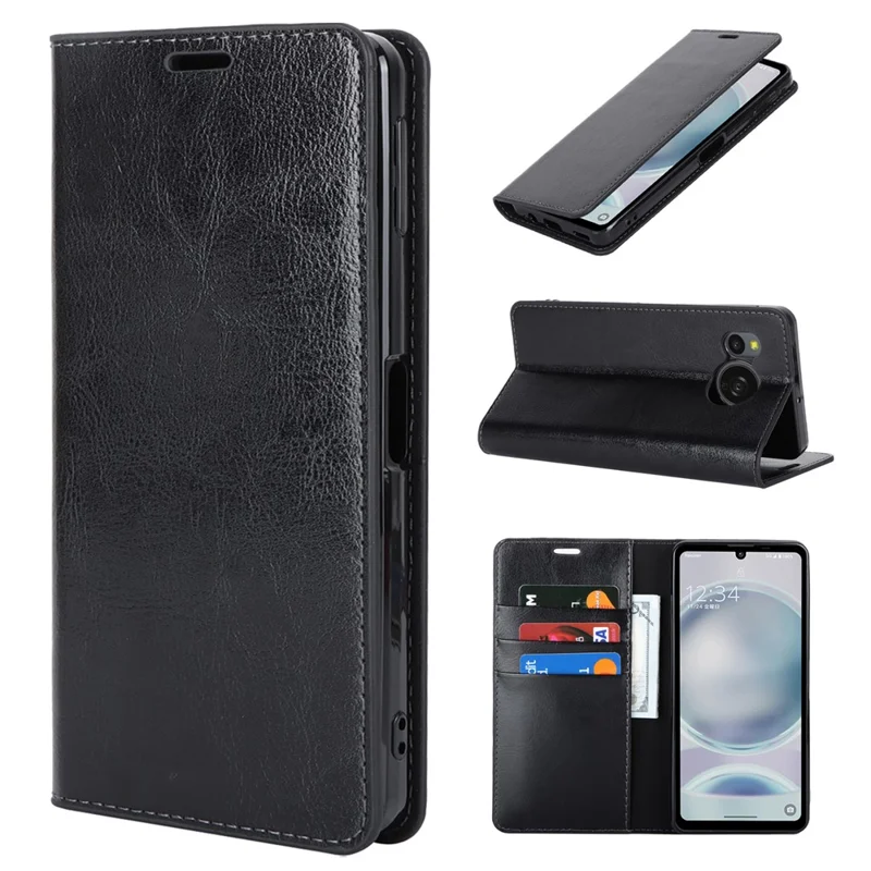 For Sharp Aquos Sense 8 Case Crazy Horse Texture Split Leather Wallet Phone Cover - Black