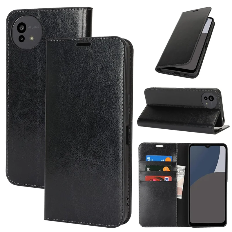 For Sharp Aquos Wish5 Case Crazy Horse Texture Split Leather Wallet Phone Cover - Black