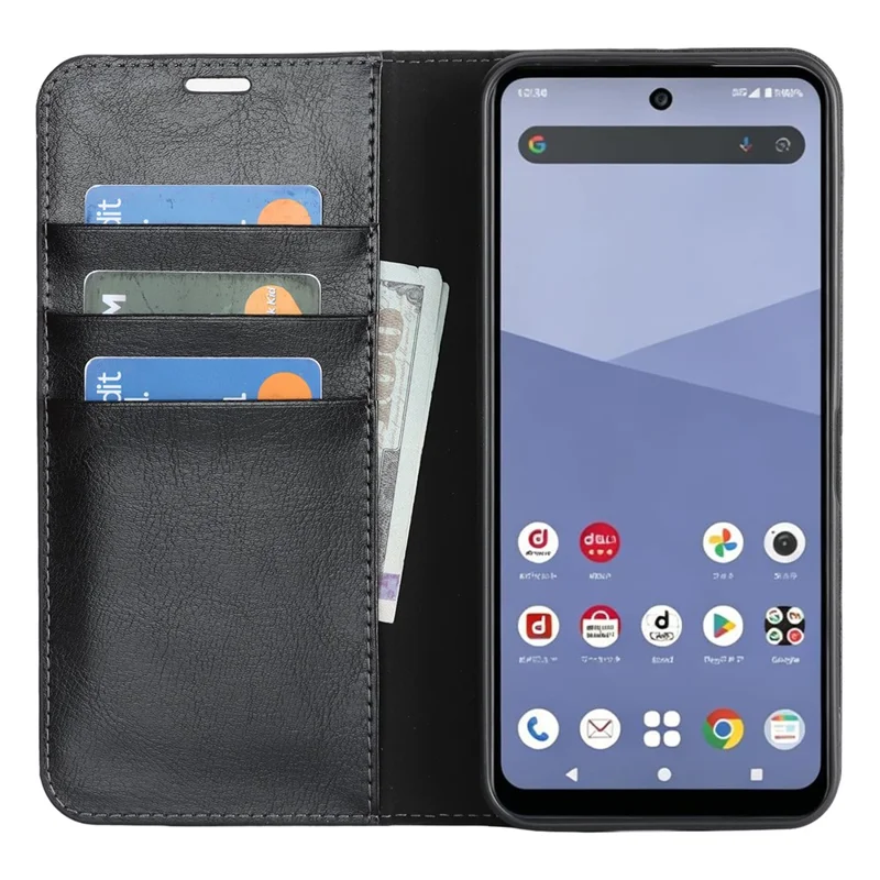 For Sharp Aquos Wish6 Case Crazy Horse Texture Split Leather Wallet Phone Cover - Black