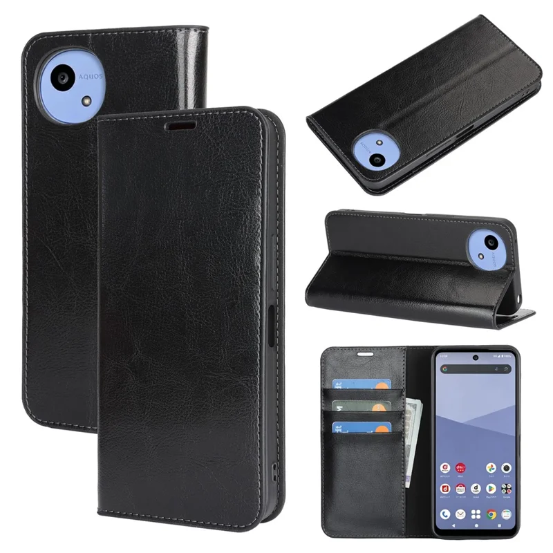 For Sharp Aquos Wish6 Case Crazy Horse Texture Split Leather Wallet Phone Cover - Black