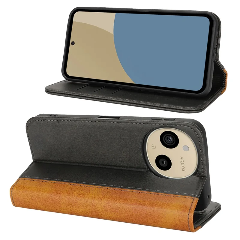 For Sharp Aquos Sense 9 Case Calf Texture 3 Card Slots Color Splicing Leather Phone Cover - Black+Yellow