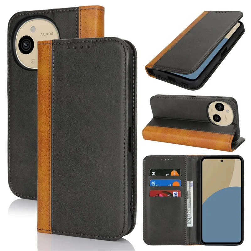 For Sharp Aquos Sense 9 Case Calf Texture 3 Card Slots Color Splicing Leather Phone Cover - Black+Yellow
