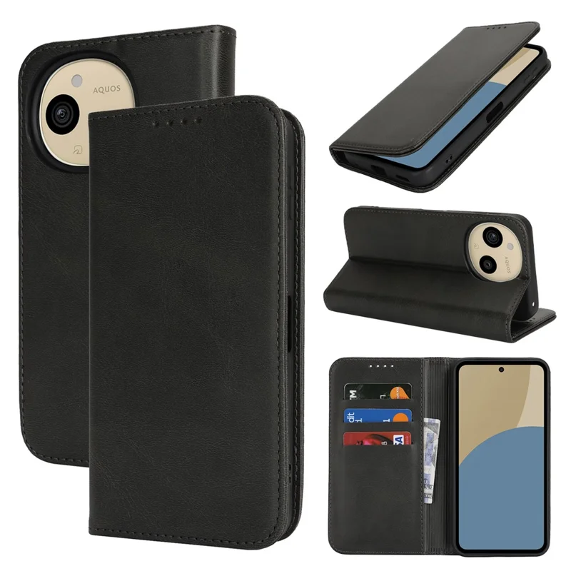 For Sharp Aquos Sense 9 Case PU Leather Calf Textured Magnetic Closing Smart Phone Cover - Black