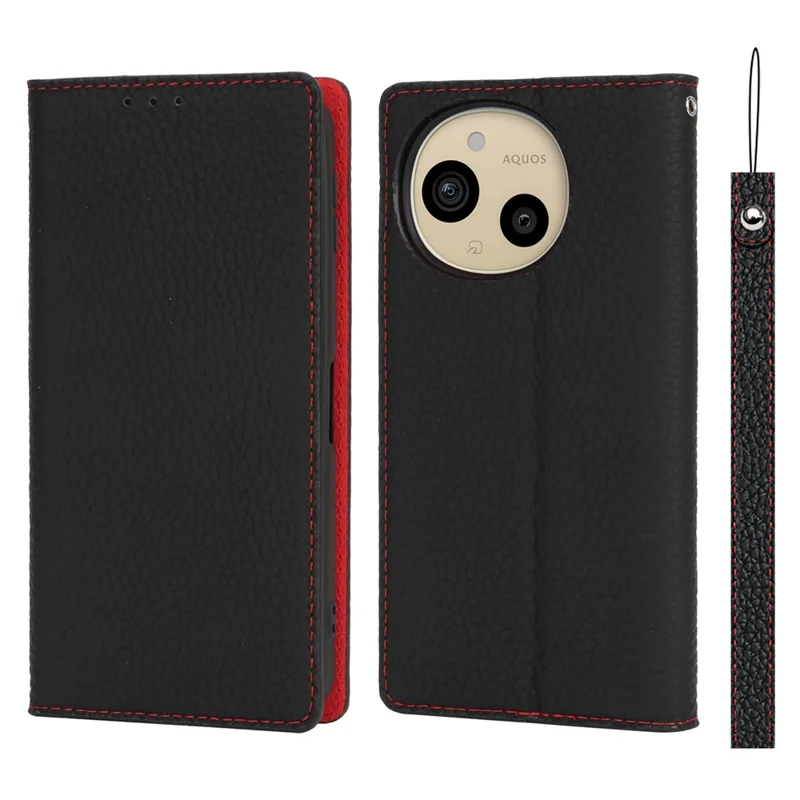 For Sharp Aquos Sense 9 Wallet Case Genuine Cow Leather Phone Cover Litchi Texture - Black