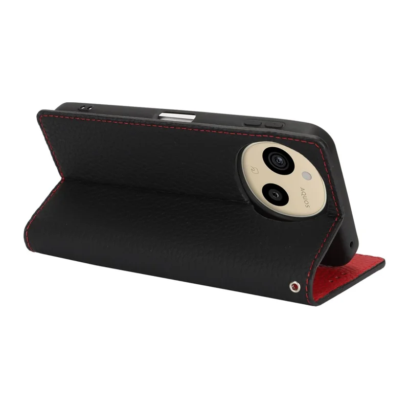 For Sharp Aquos Sense 9 Wallet Case Genuine Cow Leather Phone Cover Litchi Texture - Black