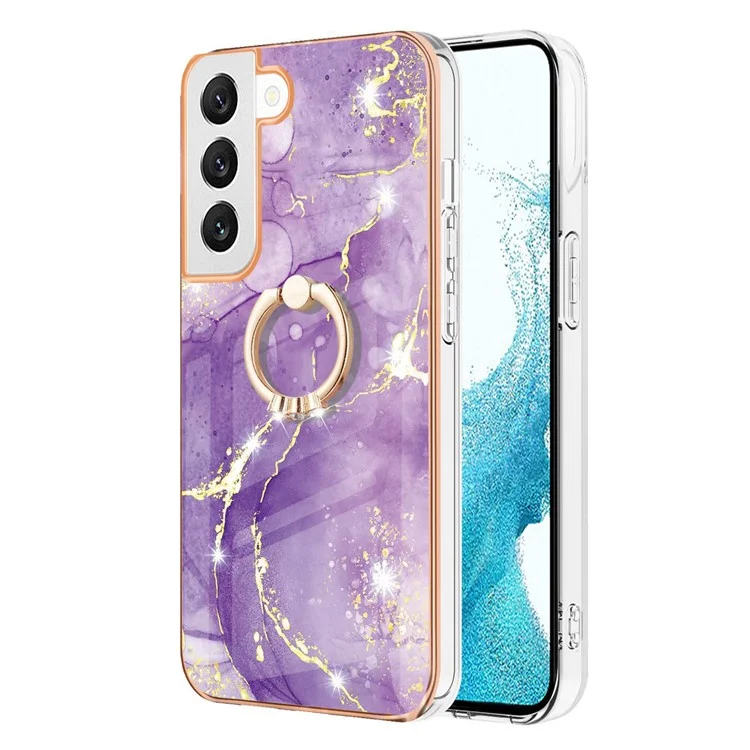 Pour Samsung Galaxy S23 YB IMD Series-10 Ring Kickstand TPU Cover IMD Marble Pattern Electroplating Cell Phone Case - Purple 002
