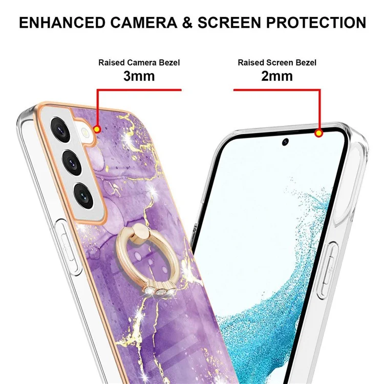 Pour Samsung Galaxy S23 YB IMD Series-10 Ring Kickstand TPU Cover IMD Marble Pattern Electroplating Cell Phone Case - Purple 002