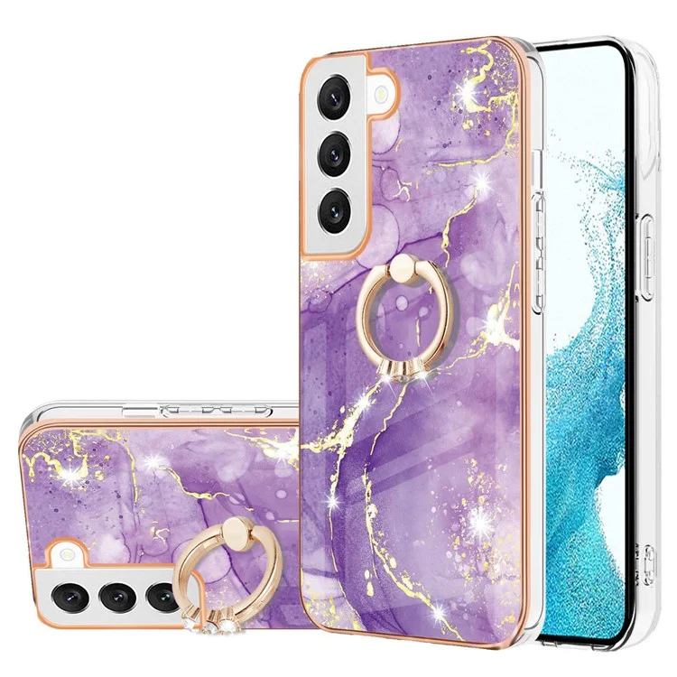 For Samsung Galaxy S23+ Case with Ring Kickstand Marble Pattern Electroplating TPU Back Cover - Purple 002