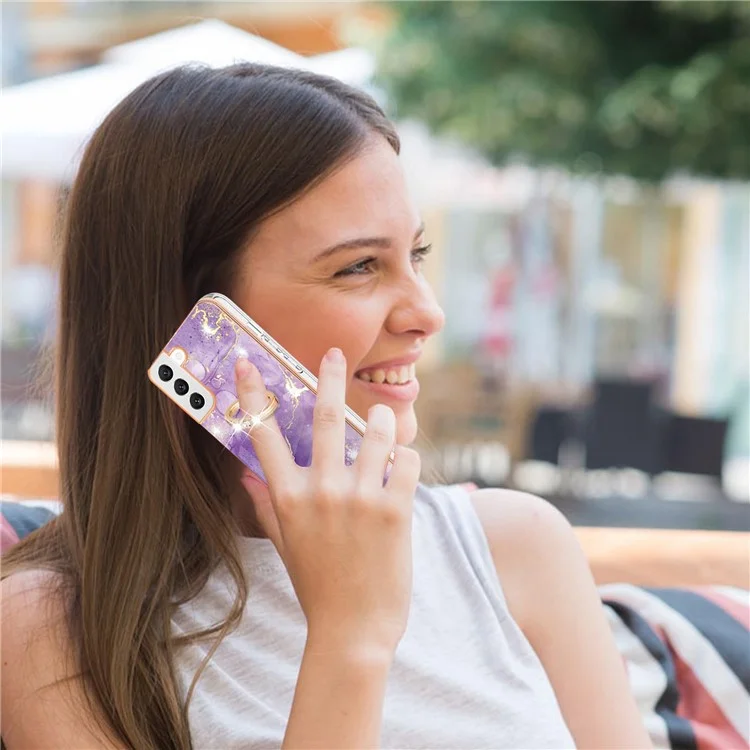 For Samsung Galaxy S23+ Case with Ring Kickstand Marble Pattern Electroplating TPU Back Cover - Purple 002
