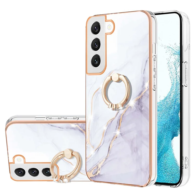 For Samsung Galaxy S23+ Case with Ring Kickstand Marble Pattern Electroplating TPU Back Cover - White 006